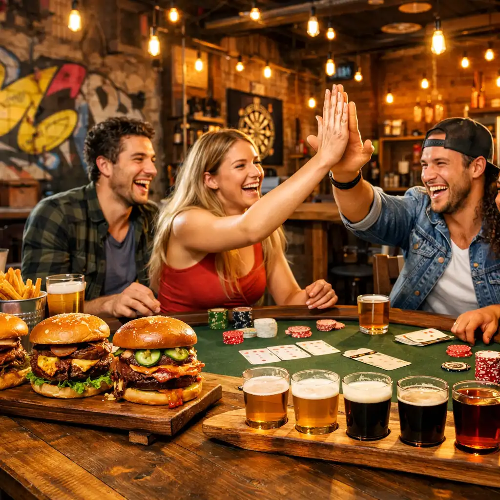 Street food ételek, kézműves sörök és fiatal vendégek pókerasztalnál a DowntownSocialHub loft hangulatú terében