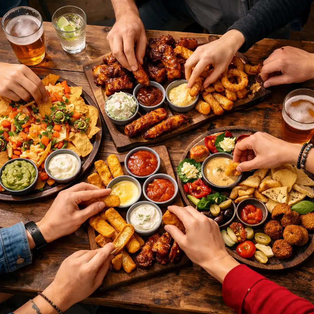 Megosztó tálak és snack-platterek asztalon, baráti társaságra hangolva a DowntownSocialHubban