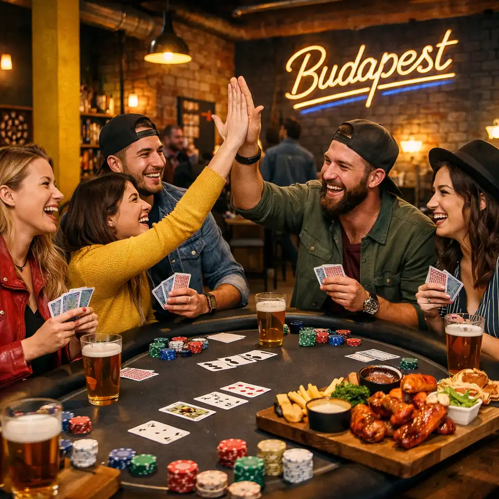 Élő pókerasztal fiatal játékosokkal a DowntownSocialHub loft hangulatú terében